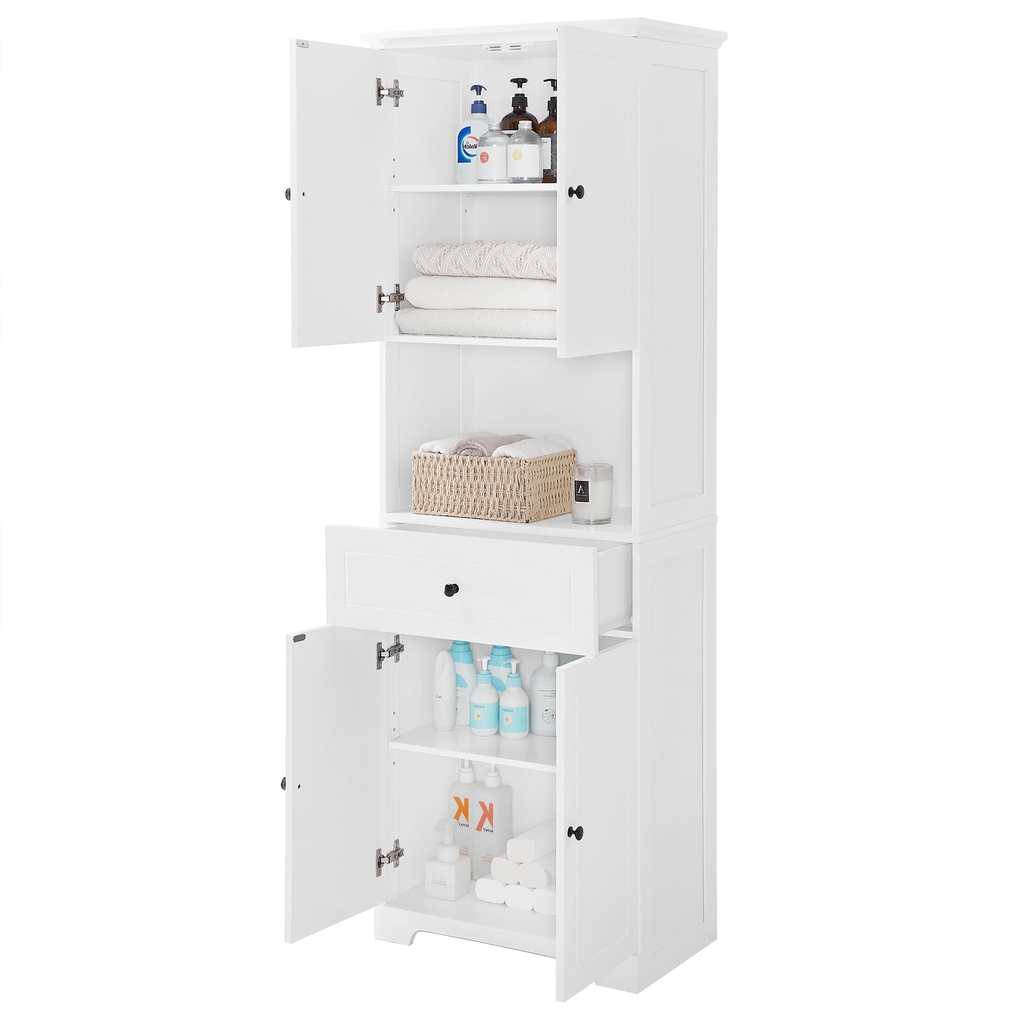 Tall Bathroom Cabinet with Four Doors and Open Shelve