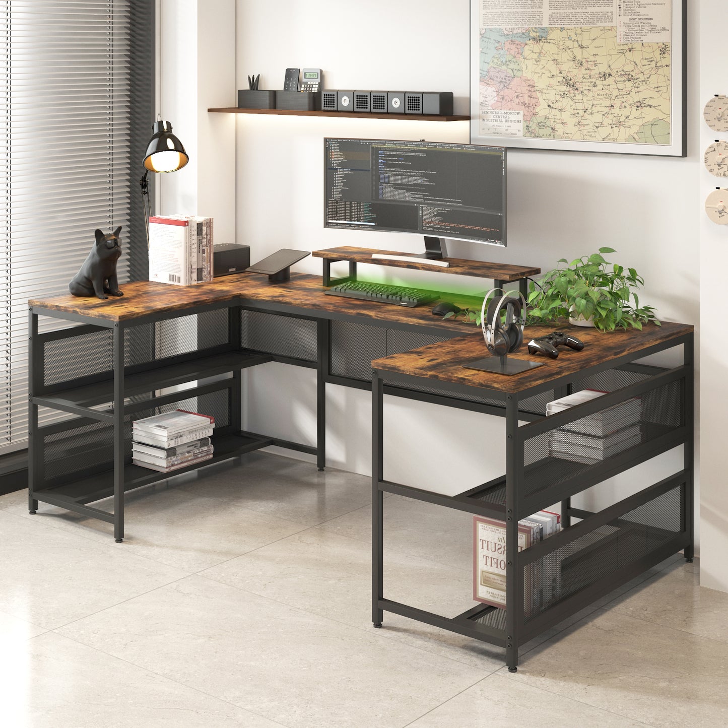 U Shaped Desk with Power Outlets, LED Strip, Monitor Stand, and Storage Shelf for Home Office or Gaming