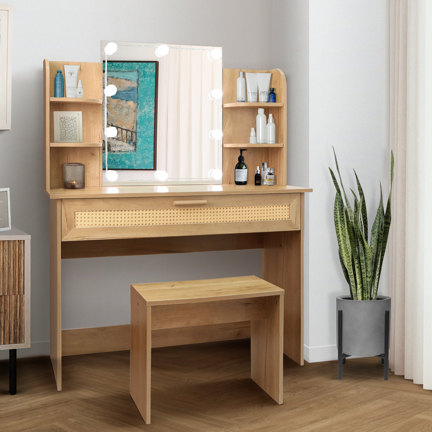 Vanity Desk Set with Stool, LED Mirror, Drawer, and Compartments, Modern Wood Dressing Table with Storage