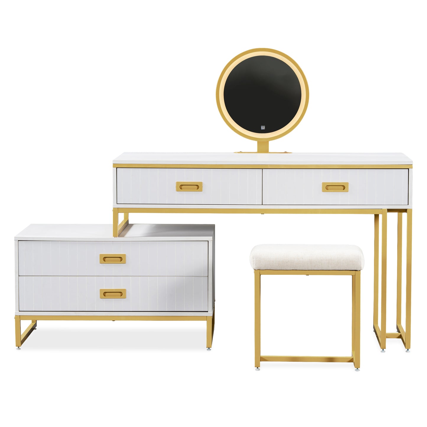 Modern Vanity Table with Movable Side Cabinet, 4 Drawers, Mirror with 3-Color LED Lights, Makeup Table with Stool, Gold Legs