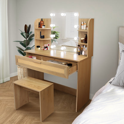 Vanity Desk Set with Stool, LED Mirror, Drawer, and Compartments, Modern Wood Dressing Table with Storage