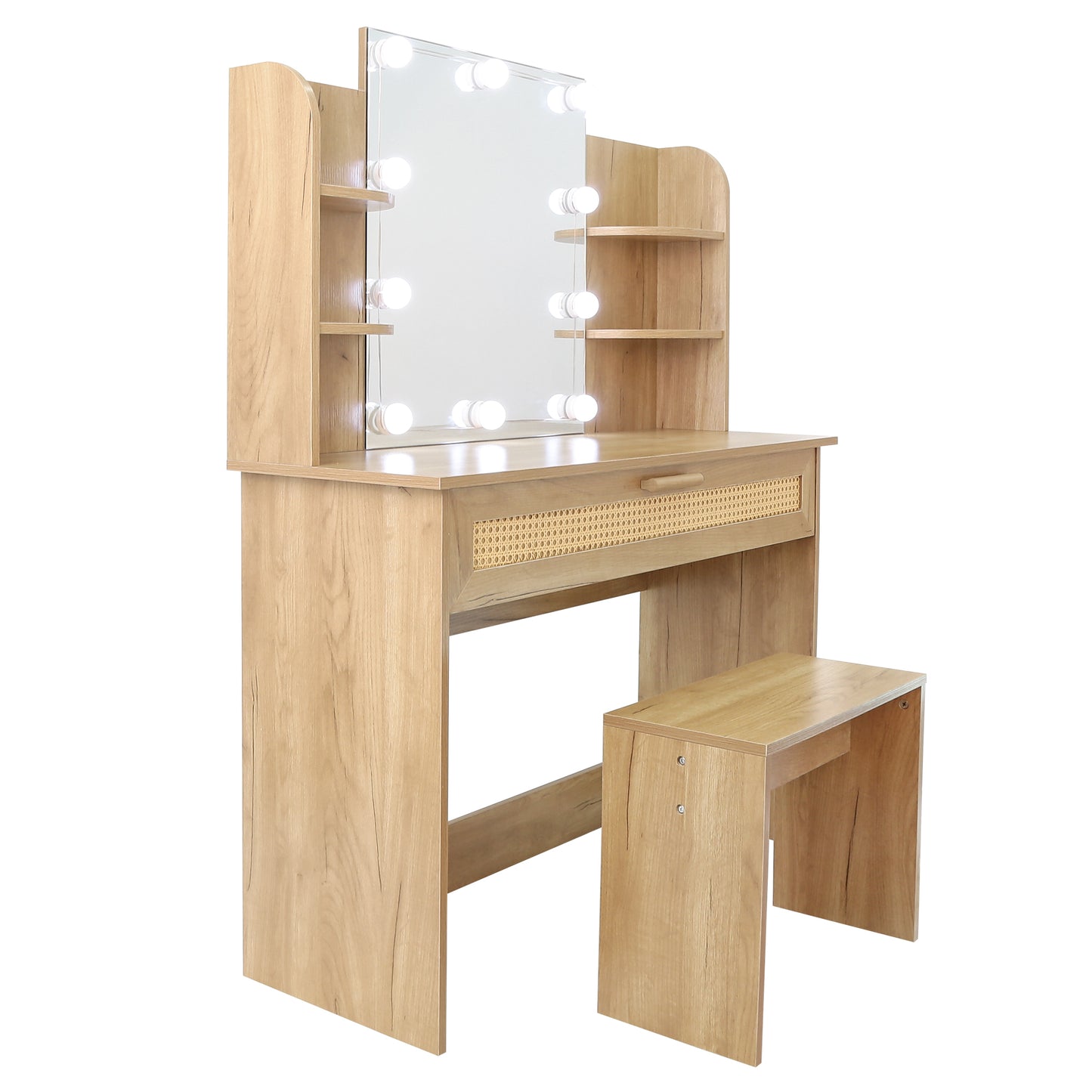 Vanity Desk Set with Stool, LED Mirror, Drawer, and Compartments, Modern Wood Dressing Table with Storage