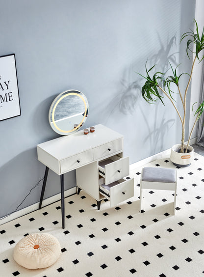 Makeup Vanity Desk with Round LED Mirror, Glass Top, 4 Drawers, Adjustable Shelves, and Movable Side Table