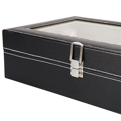 12-Compartment Leather Watch Box - Top-Level Opening, Black