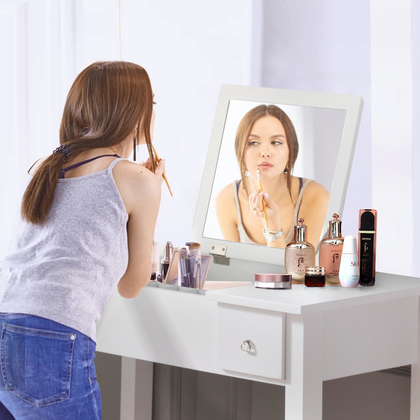 Accent White Vanity Table with Flip-Top Mirror and 2 Drawers, Jewelry Storage for Women Dressing