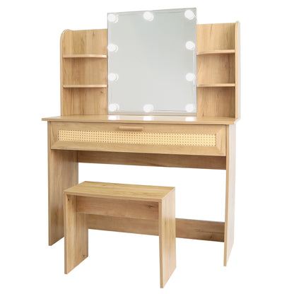 Vanity Desk Set with Stool, LED Mirror, Drawer, and Compartments, Modern Wood Dressing Table with Storage