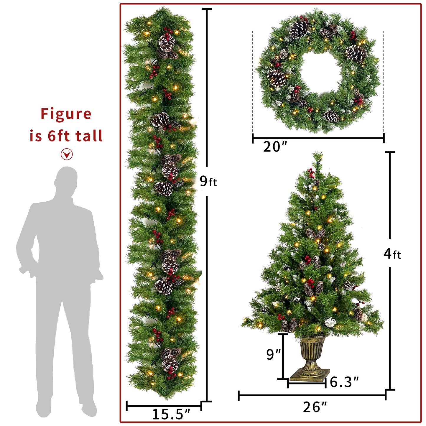 Pre-lit Xmas Tree Artificial Christmas 4-Piece Set,Garland, Wreath and Set of 2 Entrance Trees X-mas with LED Lights, Christmas Tree