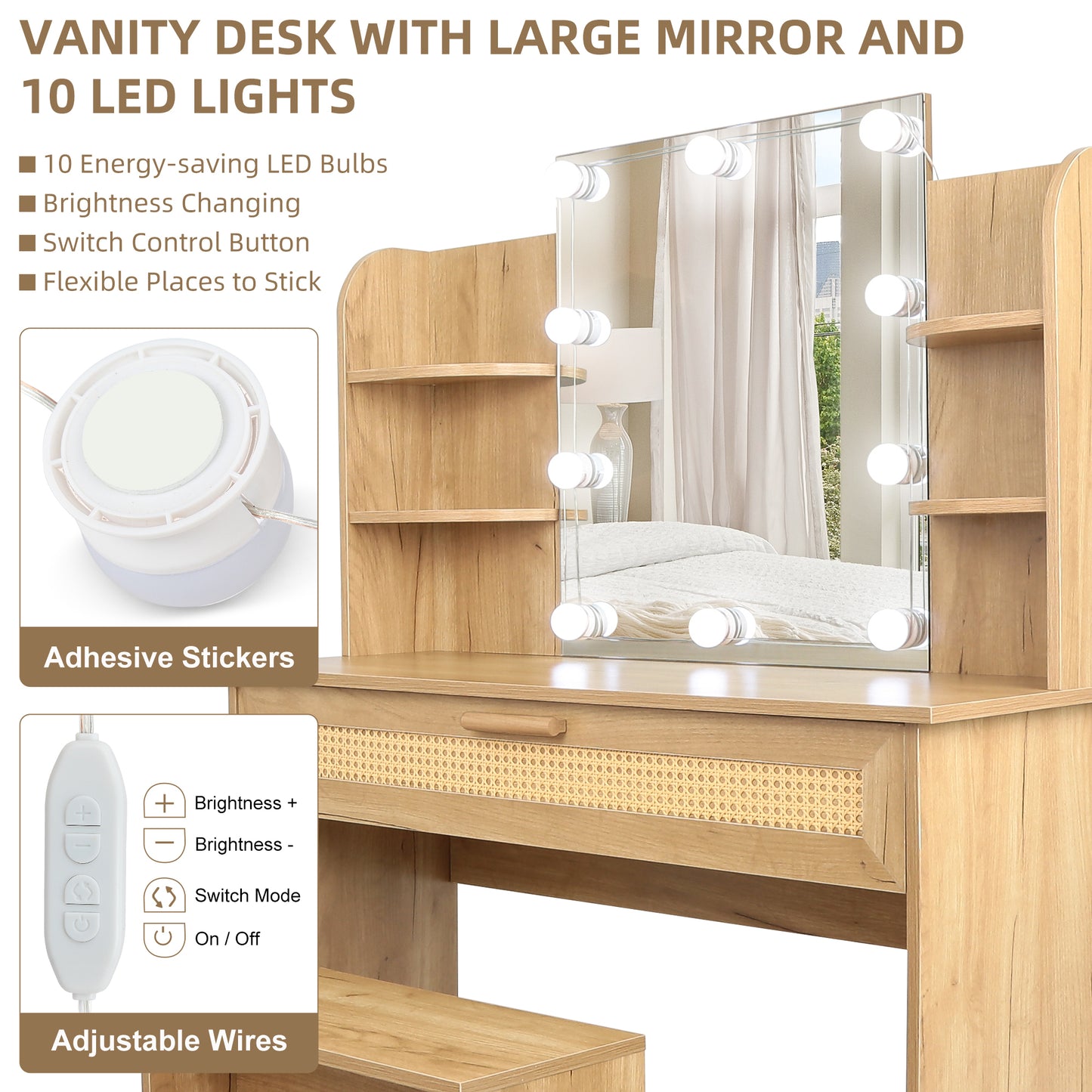 Vanity Desk Set with Stool, LED Mirror, Drawer, and Compartments, Modern Wood Dressing Table with Storage