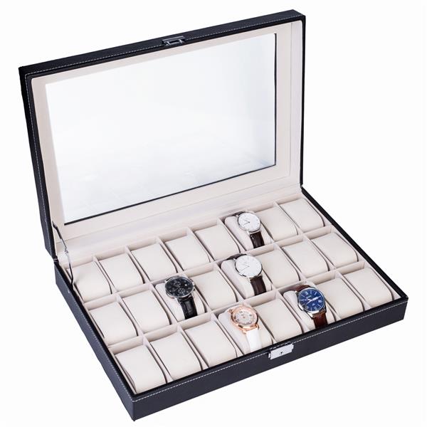 24-Compartment Leather Watch Box - Black