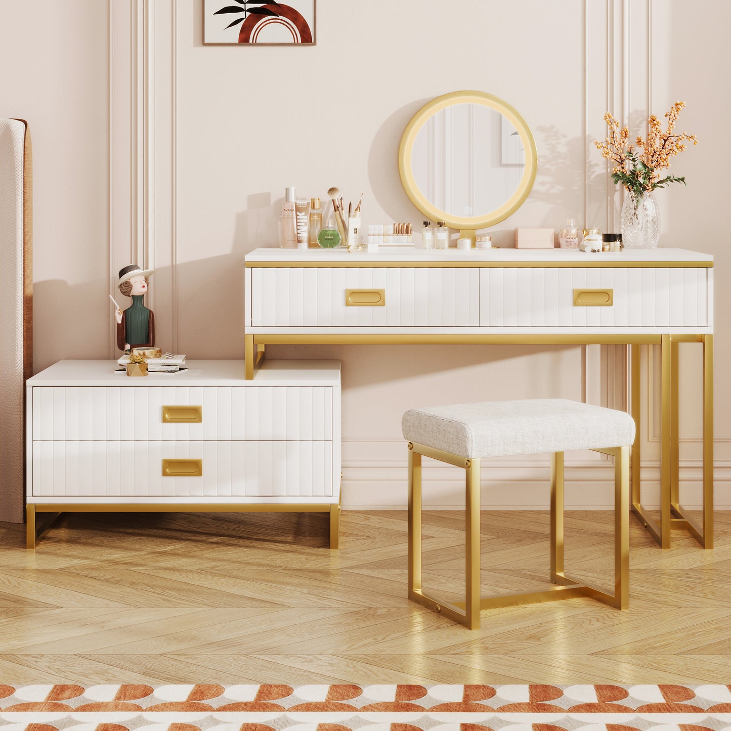 Modern Vanity Table with Movable Side Cabinet, 4 Drawers, Mirror with 3-Color LED Lights, Makeup Table with Stool, Gold Legs