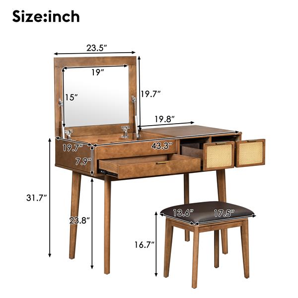 43.3" Wood Makeup Vanity Set with Flip-Top Mirror and Stool, Brown