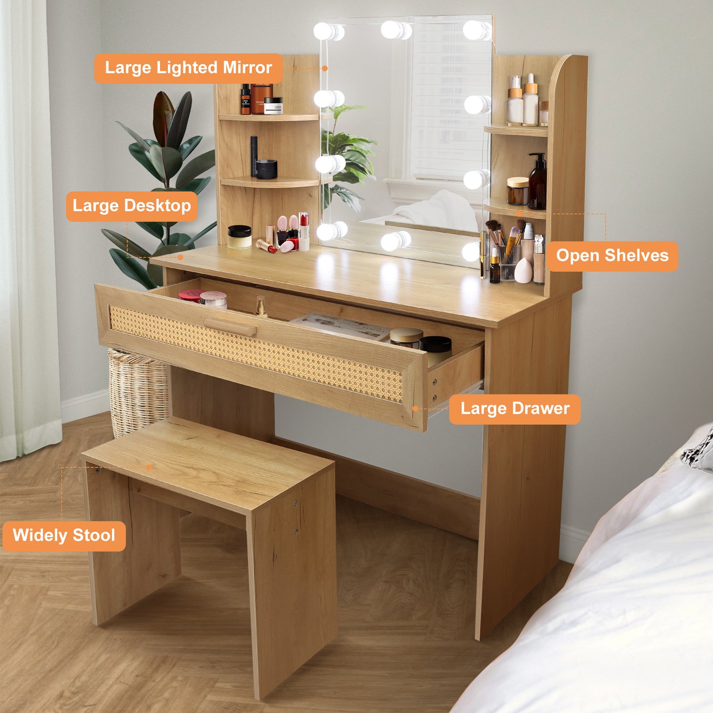 Vanity Desk Set with Stool, LED Mirror, Drawer, and Compartments, Modern Wood Dressing Table with Storage