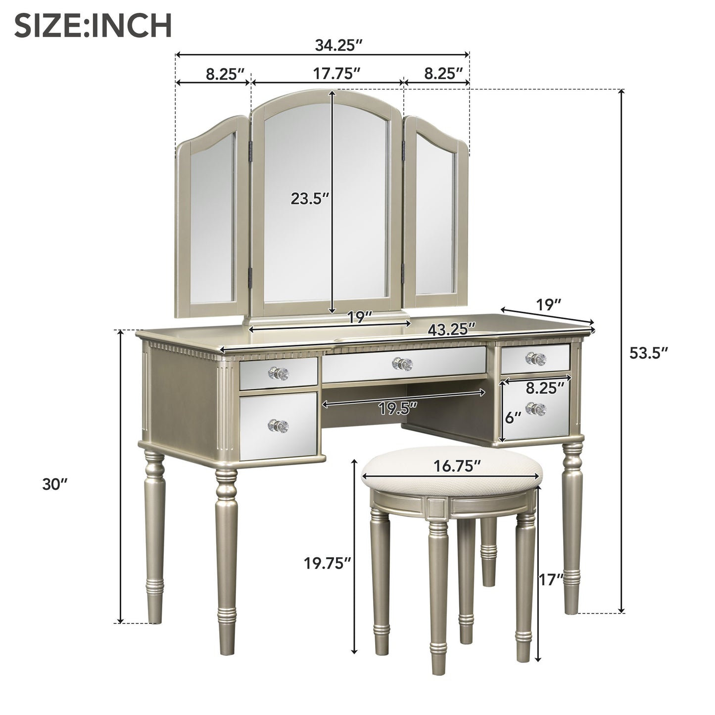 Dressing Table Set with Mirrored Drawers, Tri-fold Mirror, and Stool, Makeup Vanity Set for Bedroom