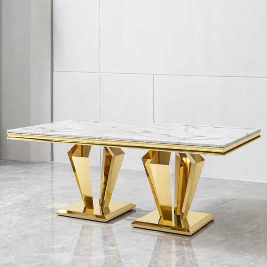 Dining Table for 6 or 8, Rectangular 78.74" L x 39.37" W x 29.92" H Gold Polished Stainless Steel Base MDF Marble Top