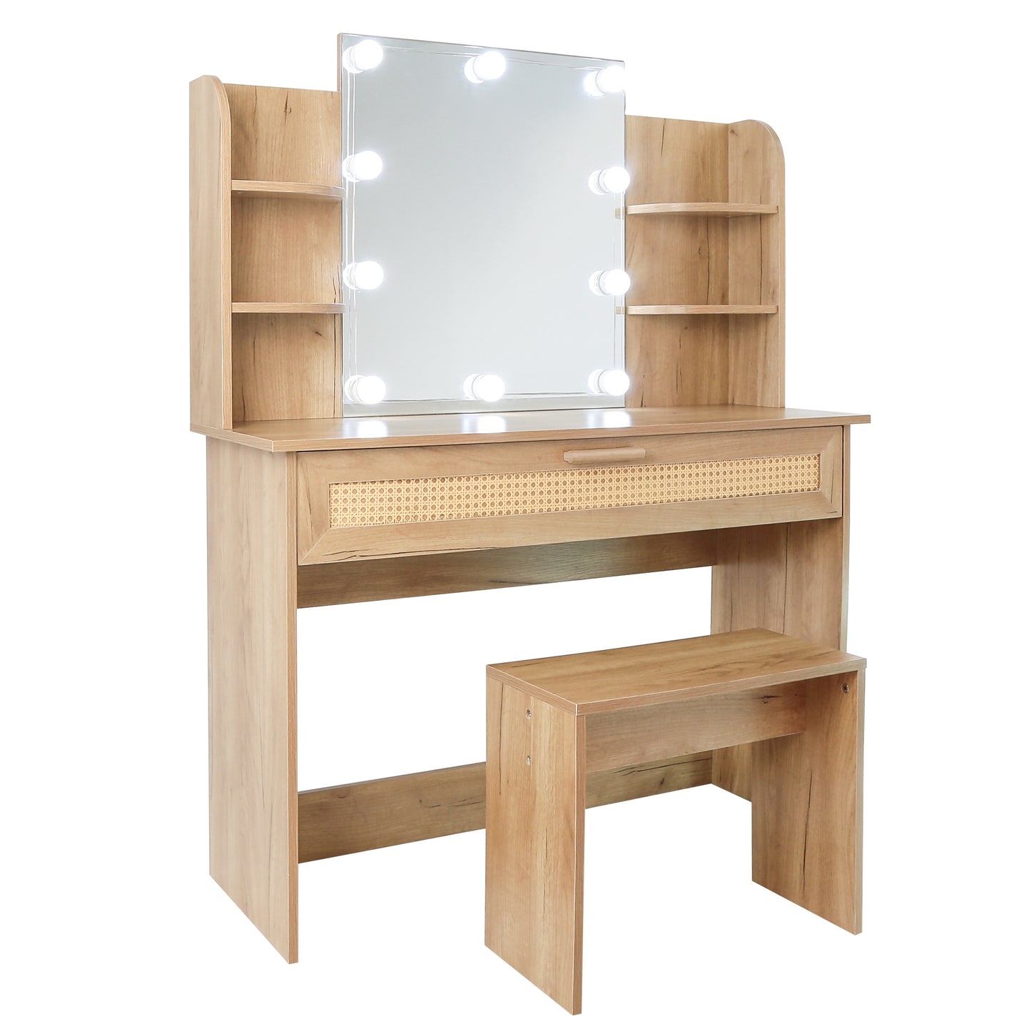 Vanity Desk Set with Stool, LED Mirror, Drawer, and Compartments, Modern Wood Dressing Table with Storage