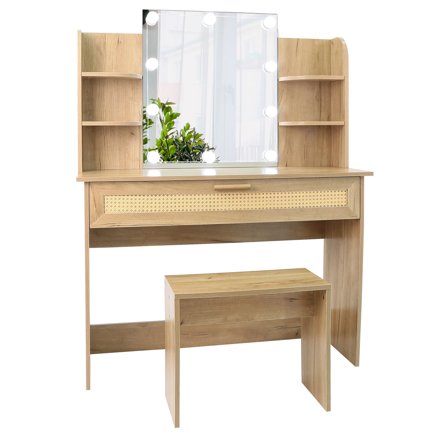 Vanity Desk Set with Stool, LED Mirror, Drawer, and Compartments, Modern Wood Dressing Table with Storage