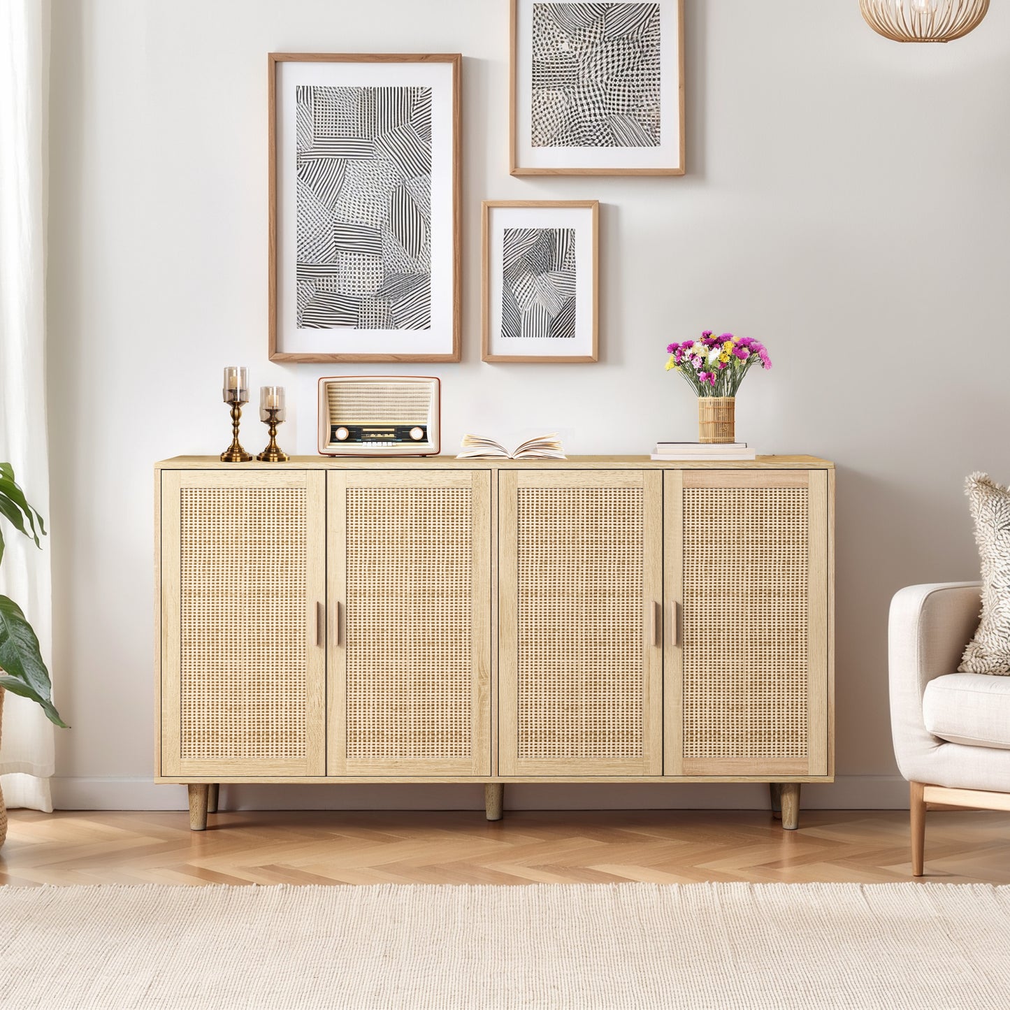 Elegant 4-Door Rattan Storage Cabinet, Functional and Easy to Assemble