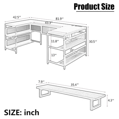 U Shaped Desk with Power Outlets, LED Strip, Monitor Stand, and Storage Shelf for Home Office or Gaming