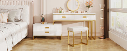 Modern Vanity Table with Movable Side Cabinet, 4 Drawers, Mirror with 3-Color LED Lights, Makeup Table with Stool, Gold Legs