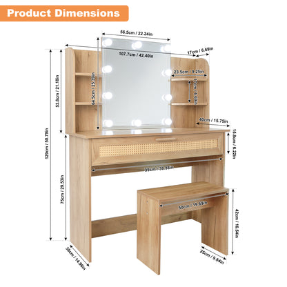 Vanity Desk Set with Stool, LED Mirror, Drawer, and Compartments, Modern Wood Dressing Table with Storage