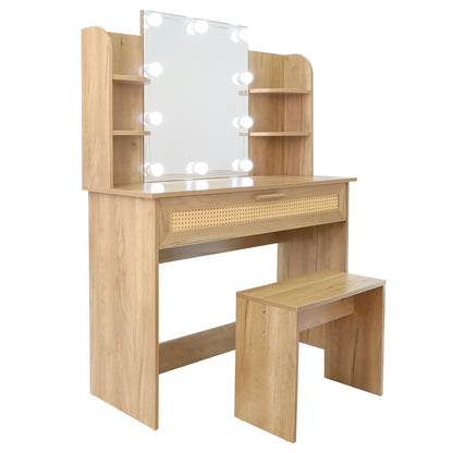 Vanity Desk Set with Stool, LED Mirror, Drawer, and Compartments, Modern Wood Dressing Table with Storage