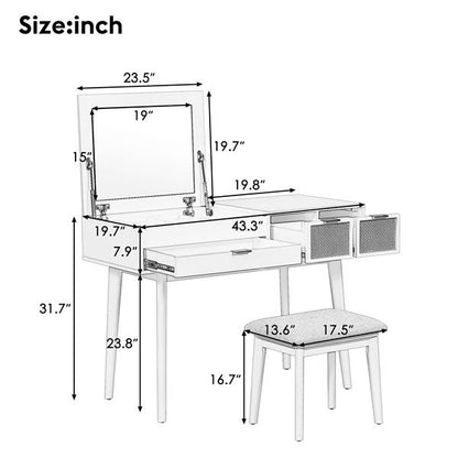 43.3" Wood Makeup Vanity Set with Flip-Top Mirror and Stool, Brown