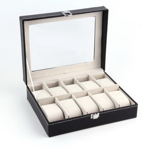 10-Compartment Leather Watch Box - Black