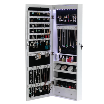 Wall-Mounted Jewelry Cabinet - 4 Shelves, 2 Drawers, LED Lights