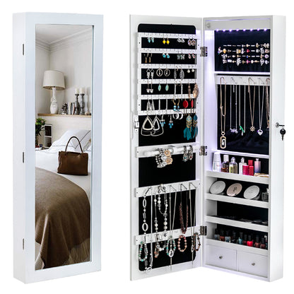 Wall-Mounted Jewelry Cabinet - 4 Shelves, 2 Drawers, LED Lights