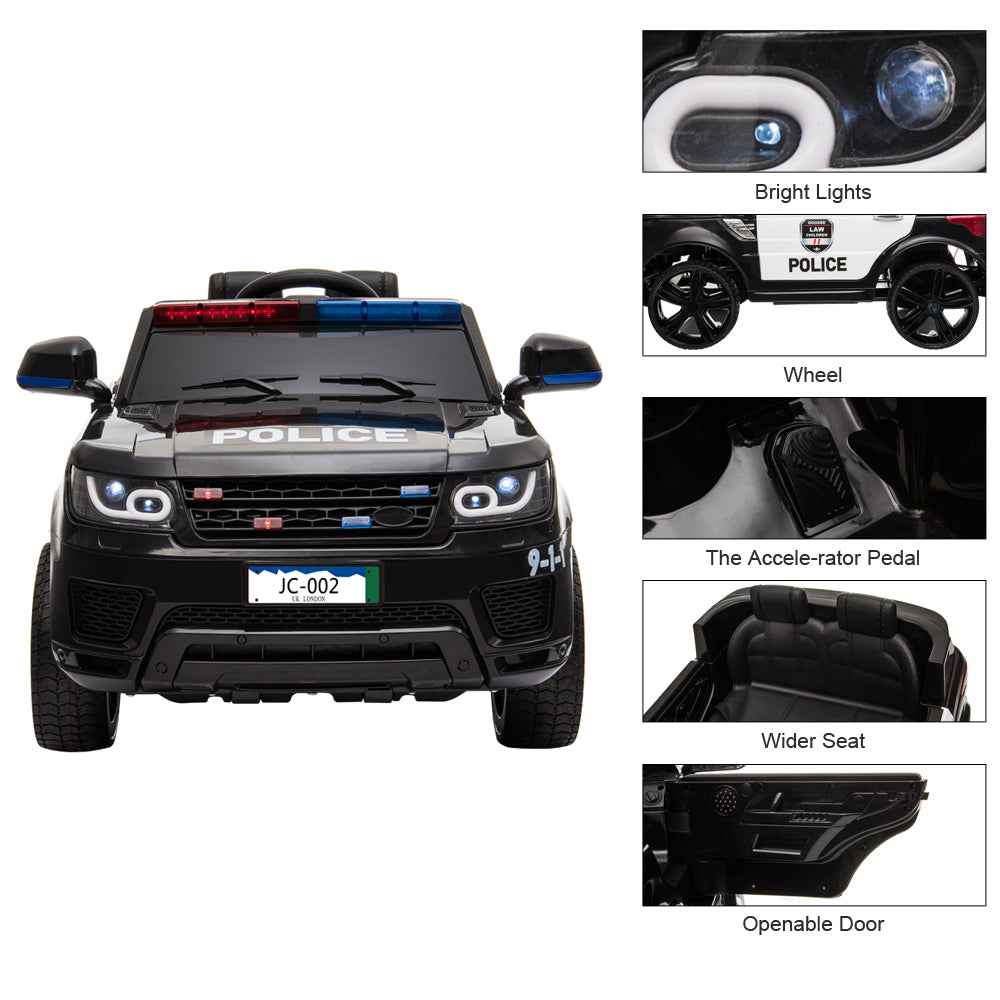 12V Kids Police Car - Remote Control, LED Lights, Music & Horn