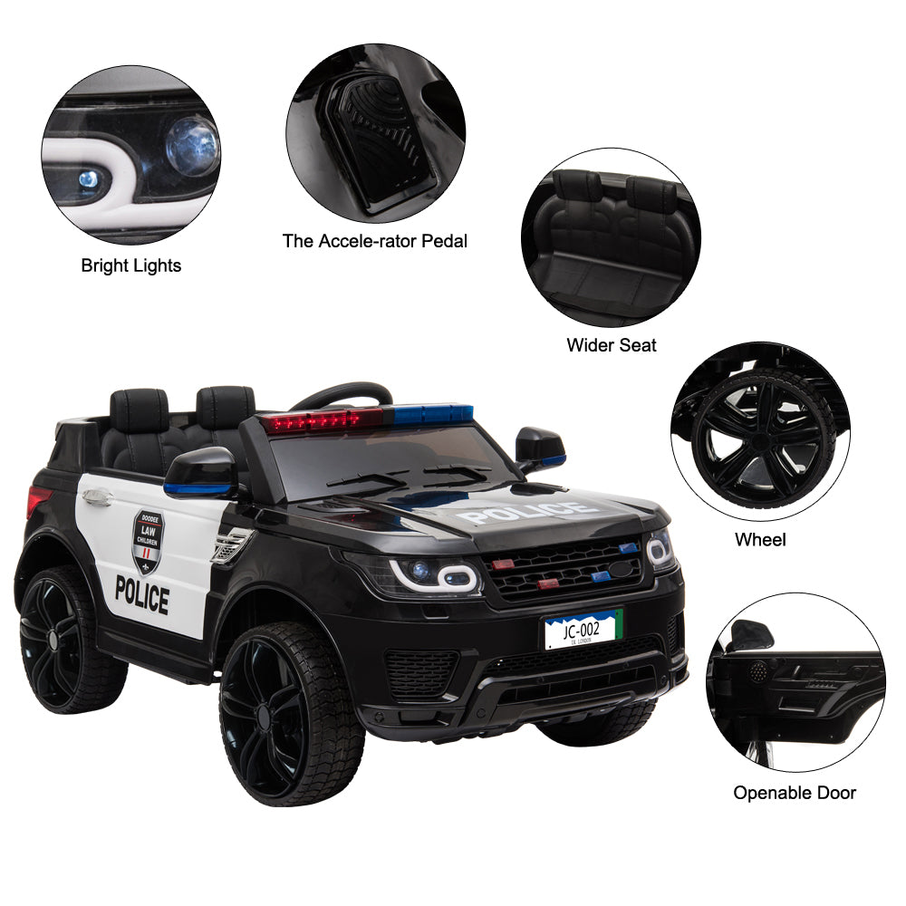 12V Kids Police Car - Remote Control, LED Lights, Music & Horn