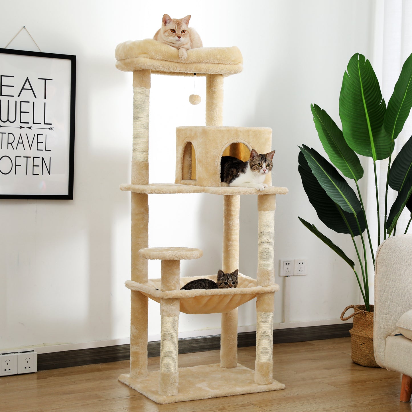 Luxury Cat Tower - Beige with Scratching Post and Condo