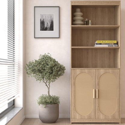 5-Tier Rattan Bookshelf - Tall, with Doors, Wood Shelves