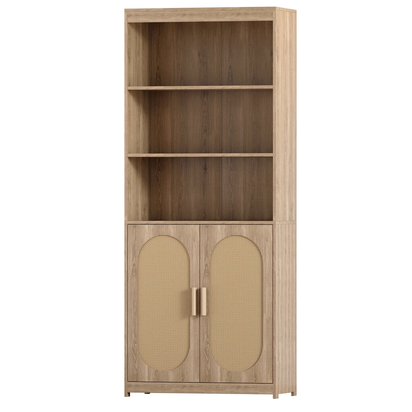 5-Tier Rattan Bookshelf - Tall, with Doors, Wood Shelves