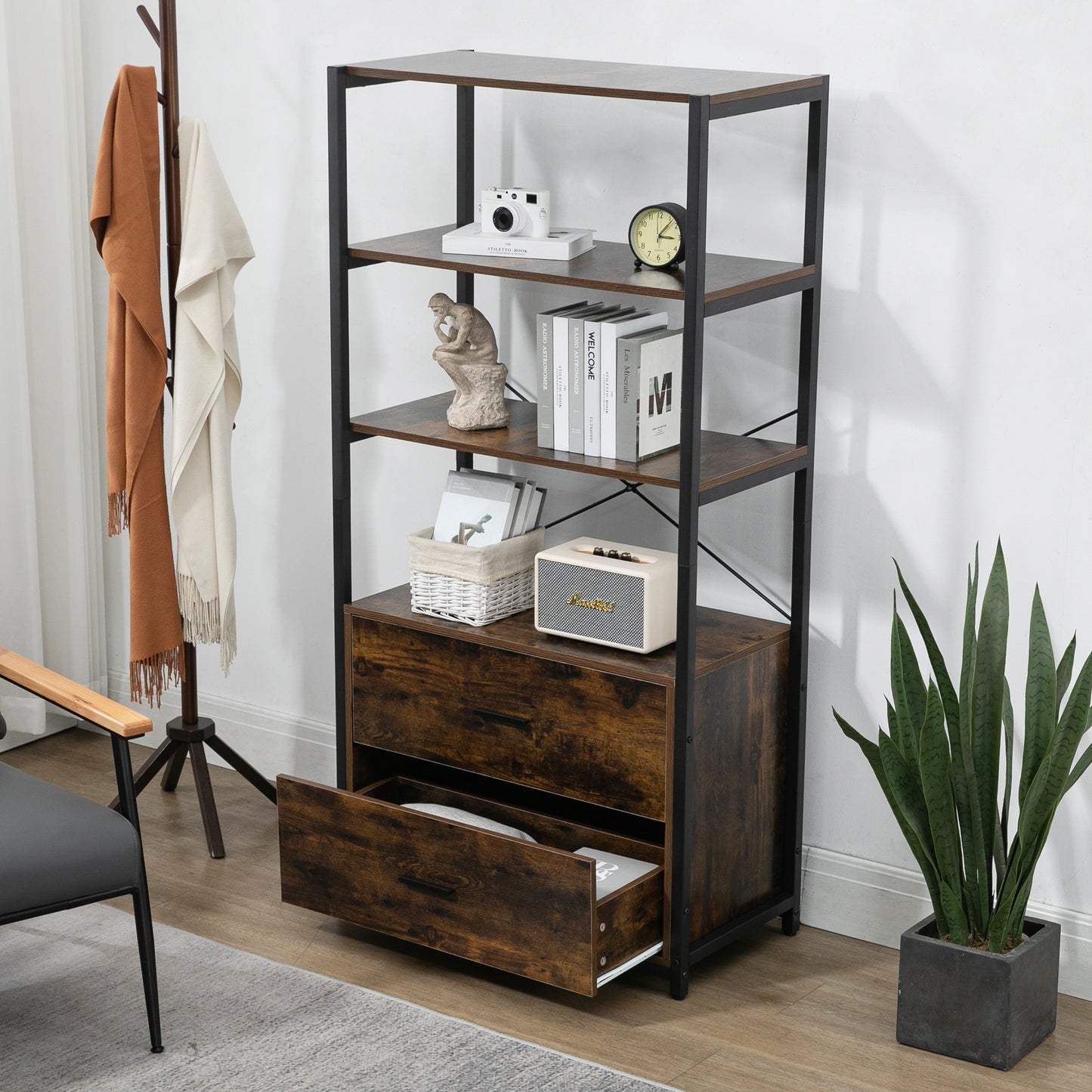 Industrial Wood Bookcase - Retro Storage Display Shelf