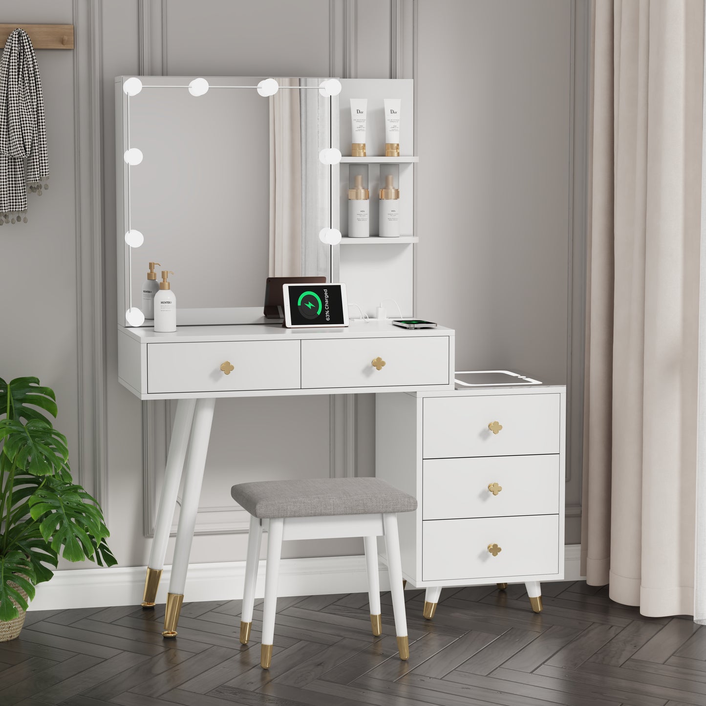 FCH Vanity Cabinet with 5 Drawers, 2 Shelves, LED Mirror with Three-Tone Lighting