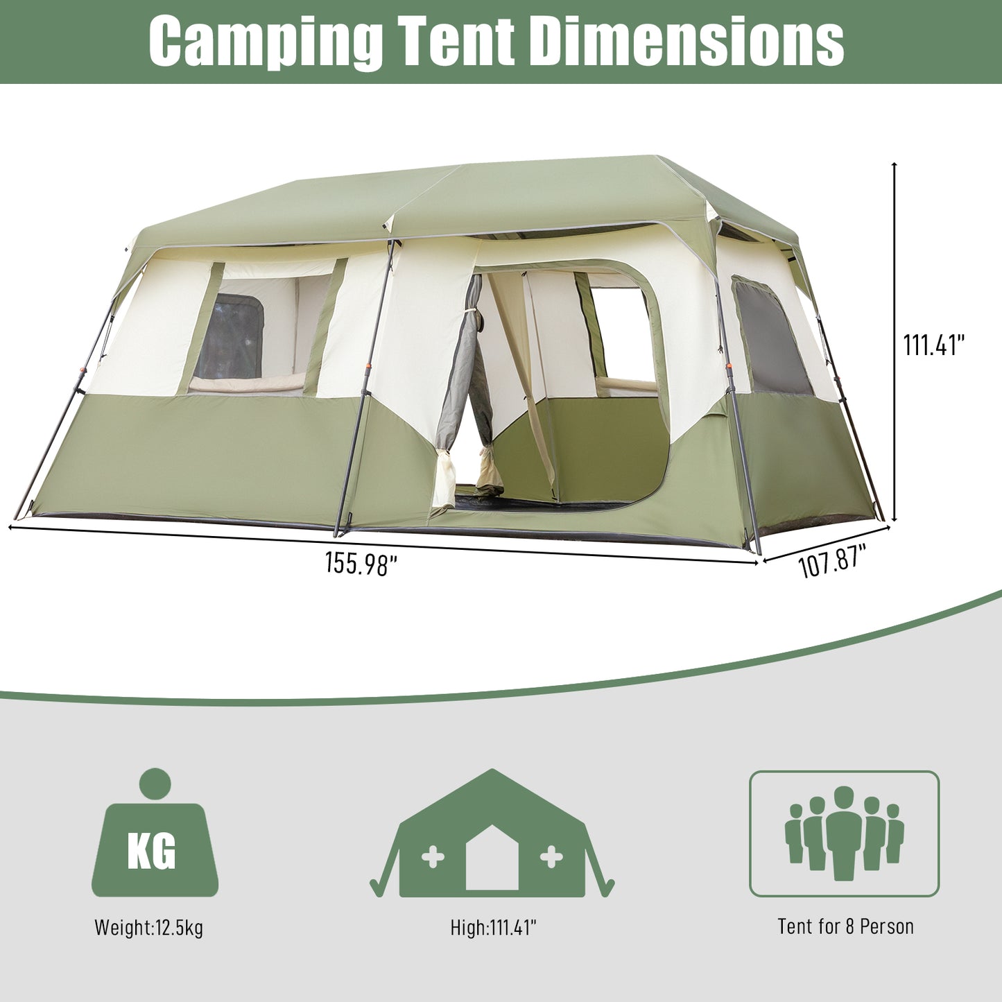 8-Person Camping Tent - Quick Setup, Rainfly, Windproof