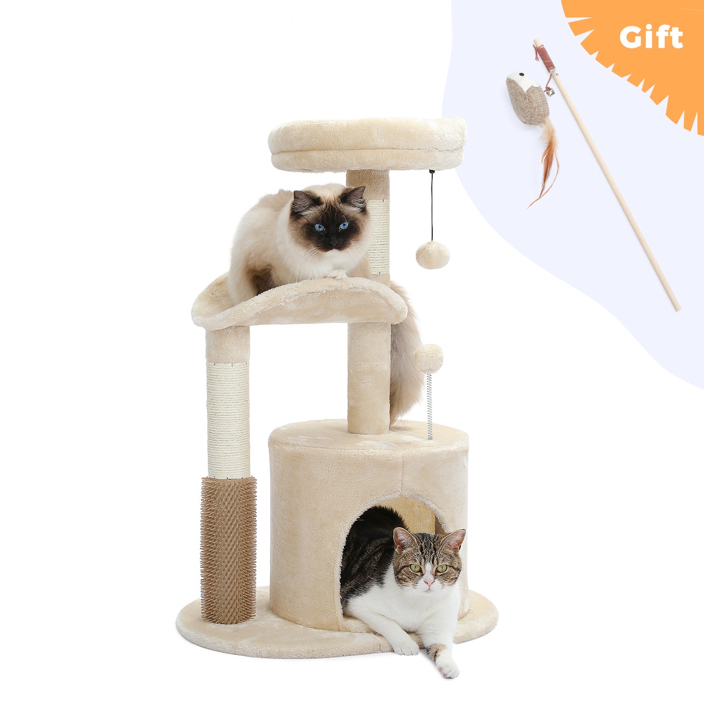 Medium Cat Tree - 32.7", Beige with Interactive Toy and Scratching Post