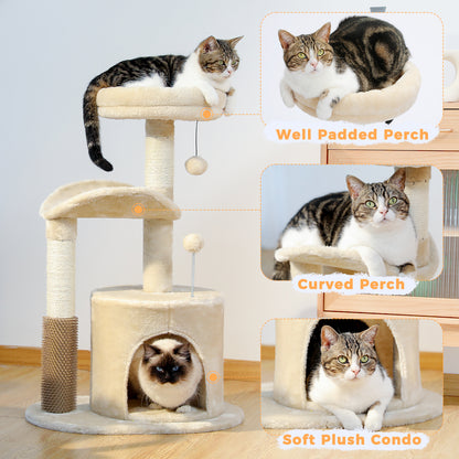 Medium Cat Tree - 32.7", Beige with Interactive Toy and Scratching Post