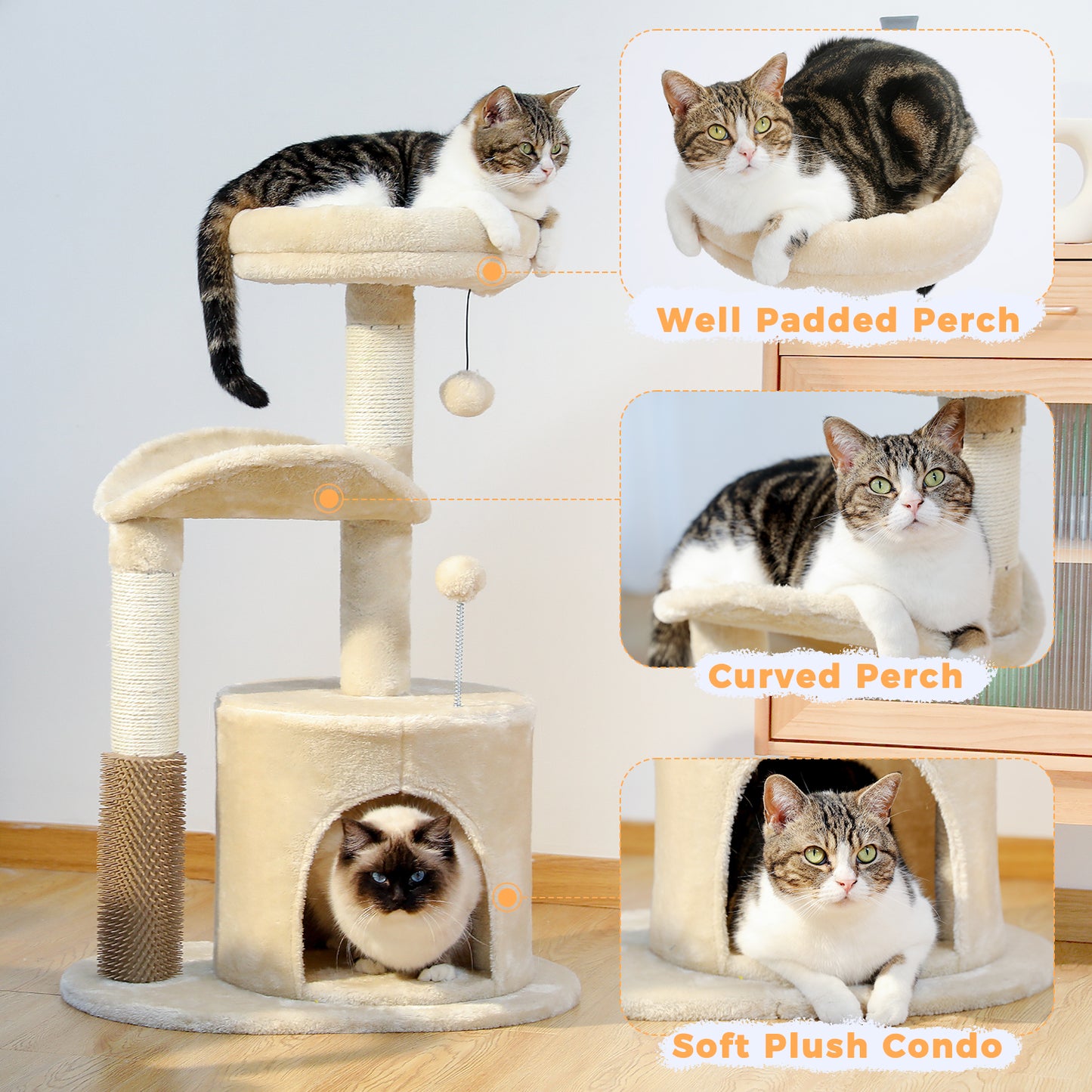 Medium Cat Tree - 32.7", Beige with Interactive Toy and Scratching Post