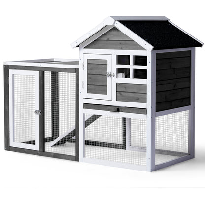 Wooden Rabbit Hutch - Grey with Pull-Out Tray