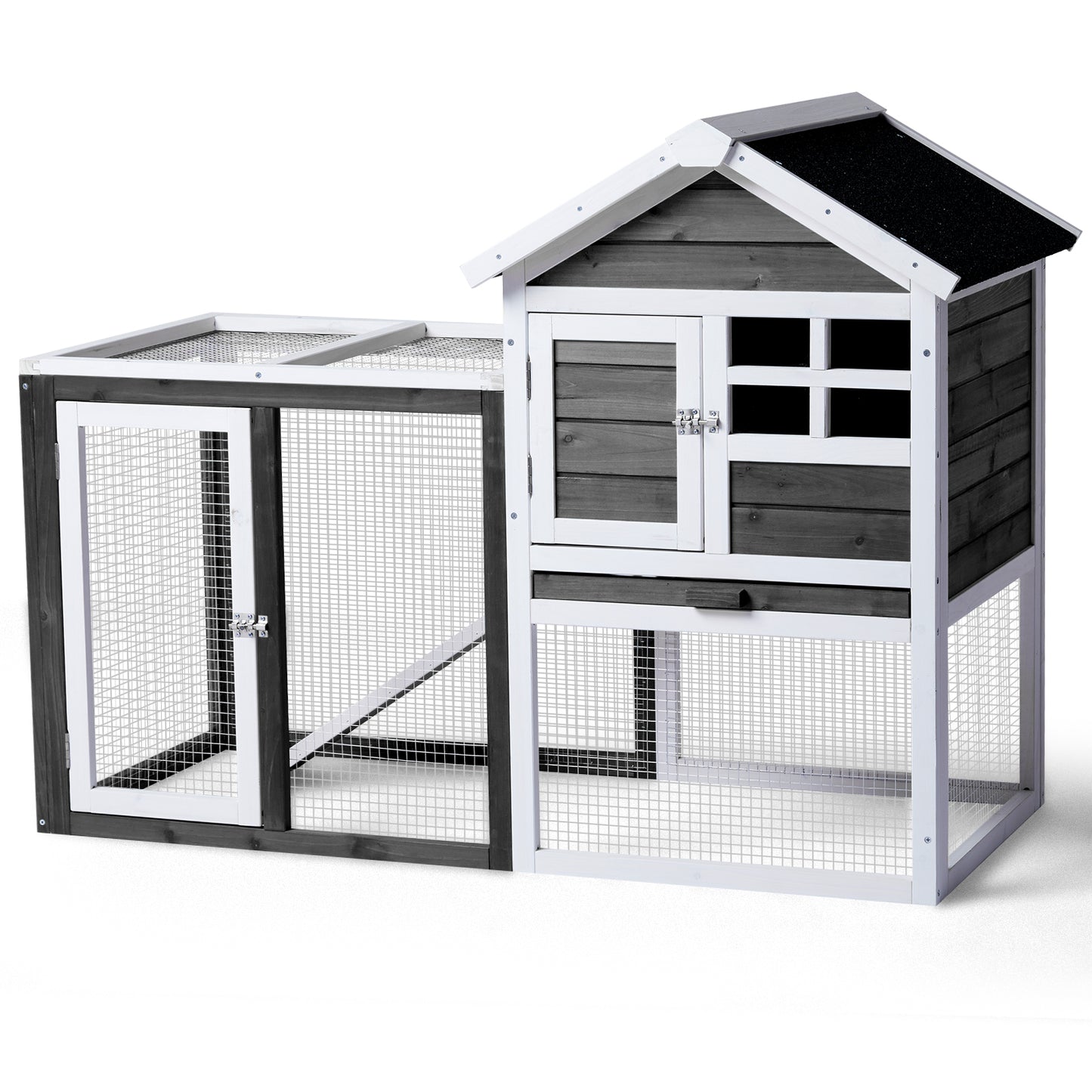 Wooden Rabbit Hutch - Grey with Pull-Out Tray