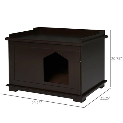 29.3 "Brown cat house, wooden litter box, end table by sofa, nightstand