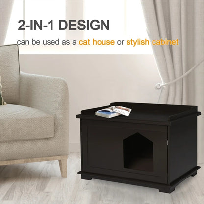 29.3 "Brown cat house, wooden litter box, end table by sofa, nightstand