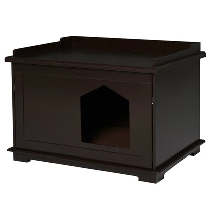 29.3 "Brown cat house, wooden litter box, end table by sofa, nightstand