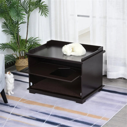 29.3 "Brown cat house, wooden litter box, end table by sofa, nightstand