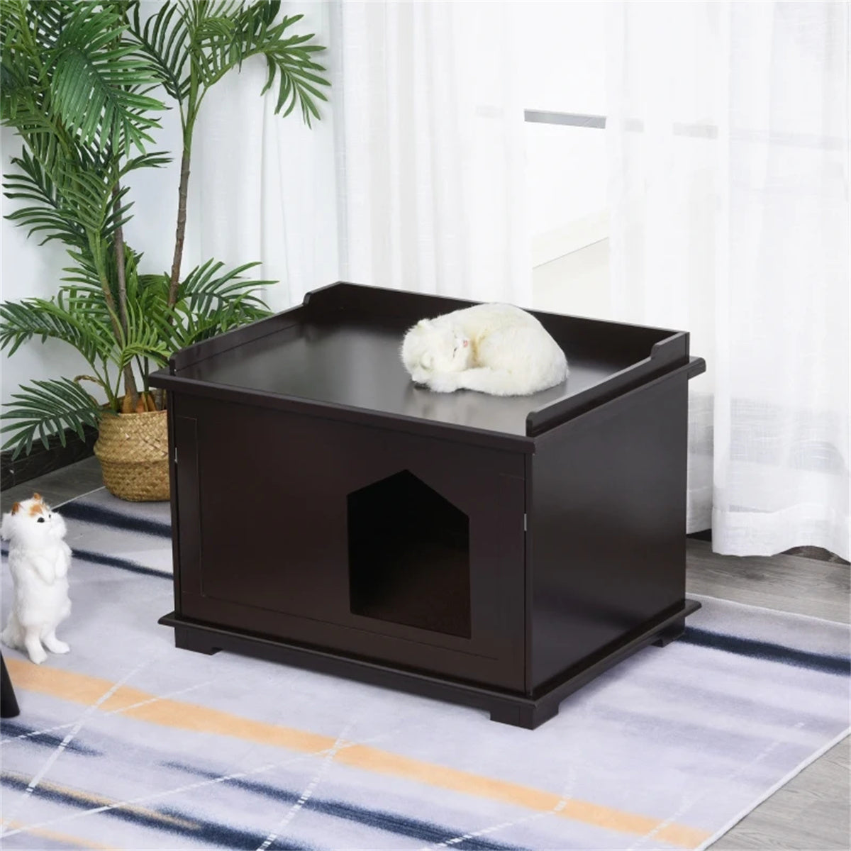 29.3 "Brown cat house, wooden litter box, end table by sofa, nightstand