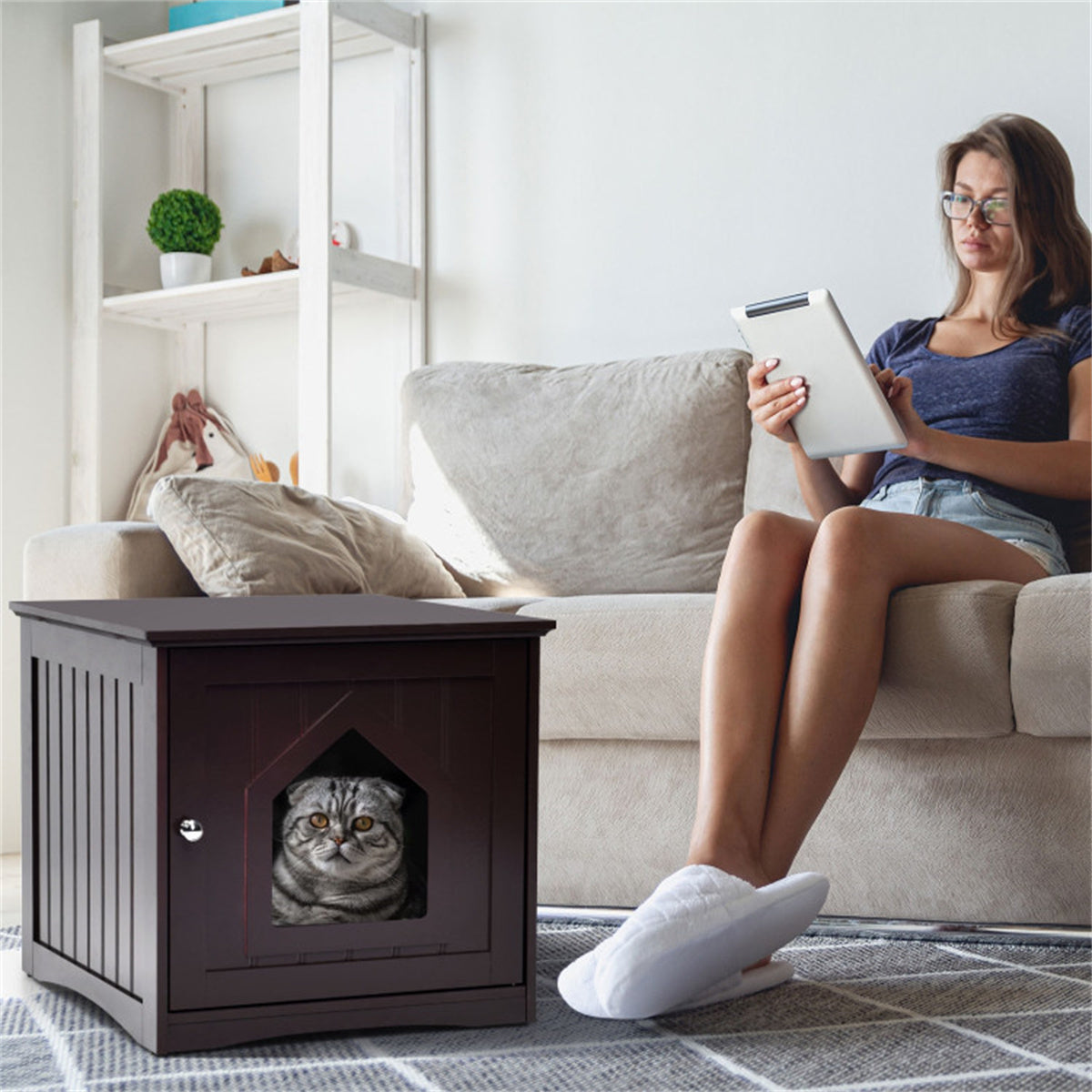 20"Brown Wooden Cat Litter Box End Table