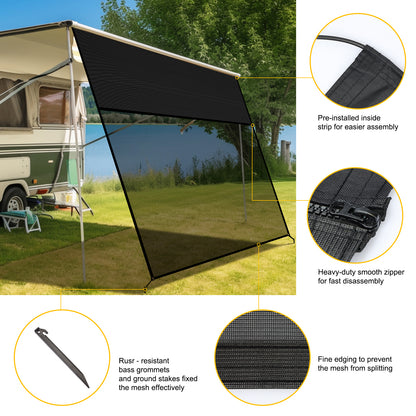 RV Awning Shade Screen - 14' x 8', Black Mesh, UV Blocker