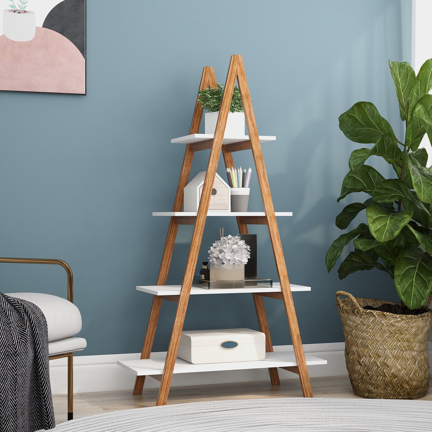 Solid bamboo wood oxford “A”frame ladder display bookshelf